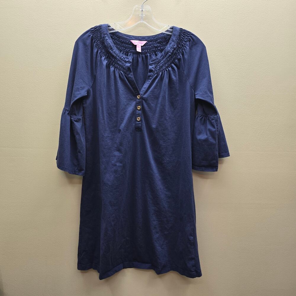 Lilly Pulitzer Teigen Mini Tunic Dress 3/4 Flare Sleeve Smocked Blue Size Small